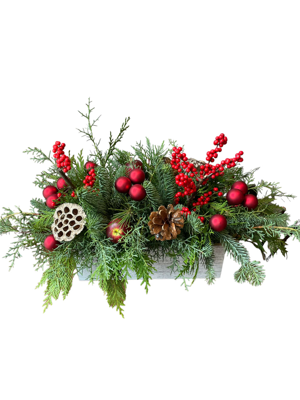 Berry Christmas - Christmas greens and holiday decoration designed in a rectangular wooden box. 