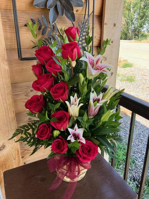 Rose Flower Basket - This is a tall flower basket with roses and lilies that you could use as the occasion of your choice!
