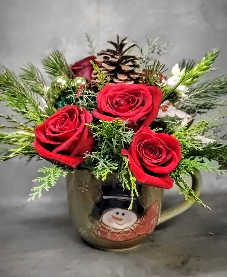 Mug of Christmas Joy - Holiday Mug filled with seasonal flowers, greens Holiday/Christmas mug will vary.