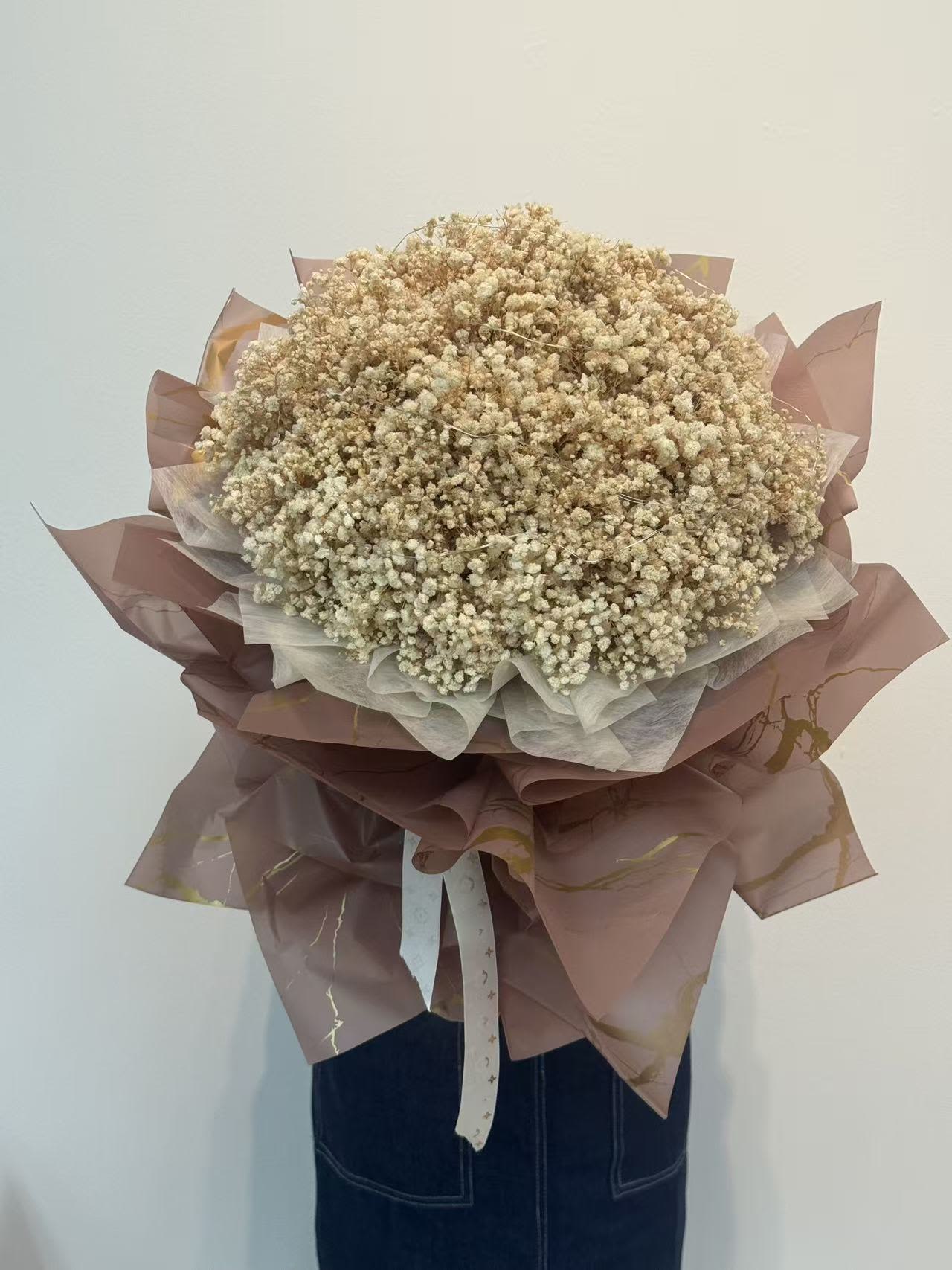 Preserved Golden Baby's Breath Bouquet - A luxurious  preserved full Baby,s breath bouquet in soft champagne-gold tones, designed to last beautifully for months to years, Wrapped with layered permium paper for an elegant, full silhouette, Optional warm LED fairy lights enhance the dreamy, romantic glow-perfect for long-lasting gifts, anniversaries, decor, or special celebrations.