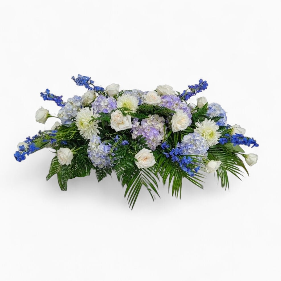 Sympathy Luxe Lavender Casket Spray  - This exquisite luxe lavender sympathy spray is the perfect way to honor your loved one with it's beautiful white premium roses, lavish lavender hydrangeas and fragrant lavender stock arranged to cover the top of the casket. All of my designs are always made from the heart.