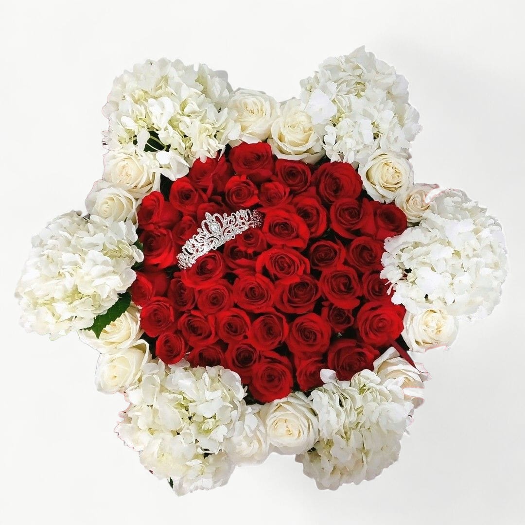 6 Dozen Luxe Rose Ramos With Rhinestone Tiara - When you want to impress her, this breathtaking all premium red and white roses Ramos bouquet is sure to dazzle with it's vast amount of roses; 6 dozen with lavish white hydrangeas and a beautiful rhinestone tiara that she can wear all wrapped in my signature style with long flowing red ribbon and red butterflies. 