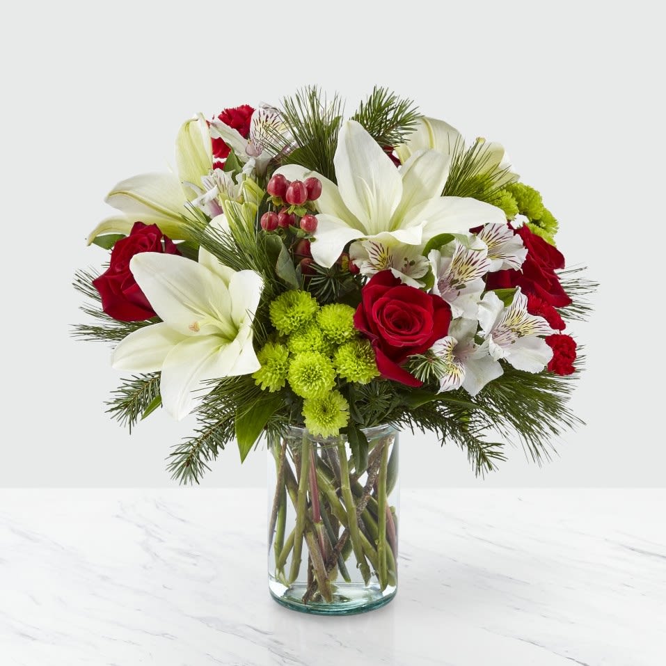Christmas Spirit Bouquet - Lilies, Roses, Alstroemeria