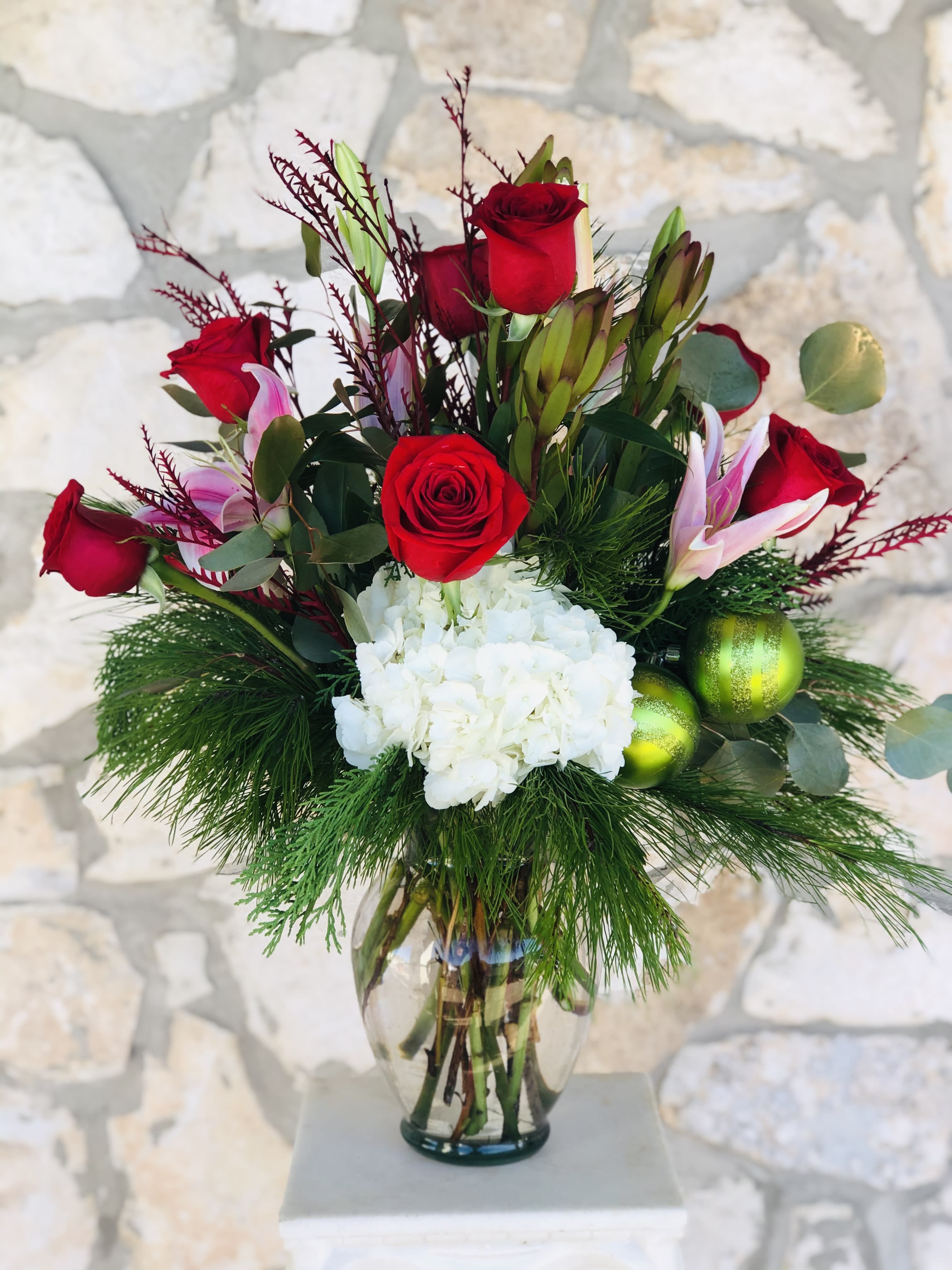 Holiday Spirit - Roses, Stargazers, and a hydrangea