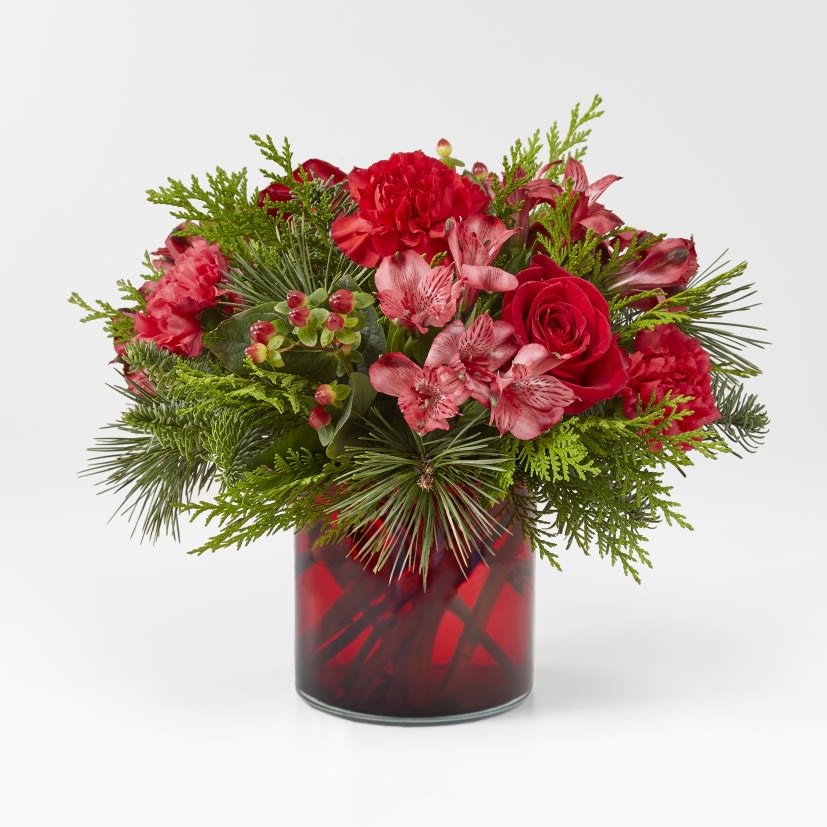 Merry Mistletoe - roses, alstromeria in a 5inch cube or cylinder