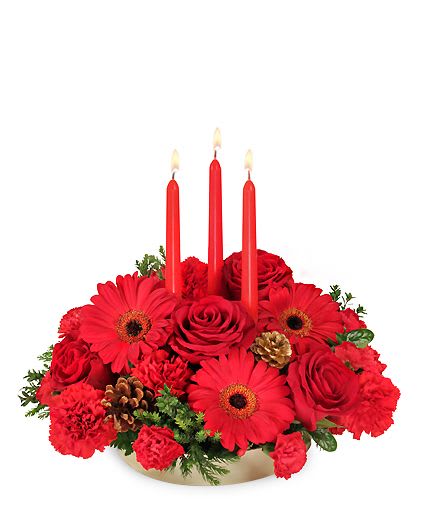 Peace ~ Joy ~ Noel - NOTE: IF '&quot;RED GERBERA&quot;' IS UNAVALABLE, WE WILL SUBSTTUTE THEM WITH '&quot; WHITE GERBERA&quot;'.  Impress your holiday guests with this stunning holiday classic! Filled with red roses, red gerbera, and red carnations, this centerpiece is full of extravagance and grace. Make your holiday table the talk of any party with red gerbera &amp; Roses bouquet