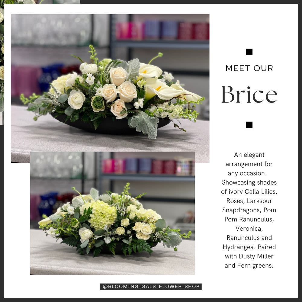 Brice - An Elegant Arrangement for any occasion. Showcasing all White Calla Lilies, Roses, Larkspur, Ranunculus, Veronicas, and Hydrangeas.