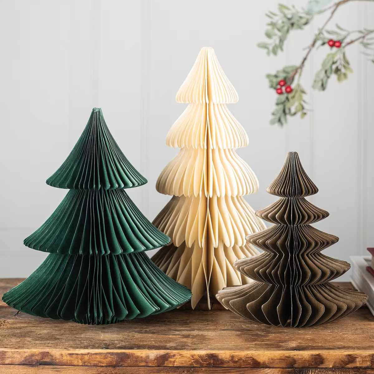 Primitives by Kathy Paper Trio Tree Set - Beautiful Paper trees with magnetic catches, perfect for a mantel or Christmas scene. 7&quot;, 6.25&quot; and 5.75&quot; diameter.