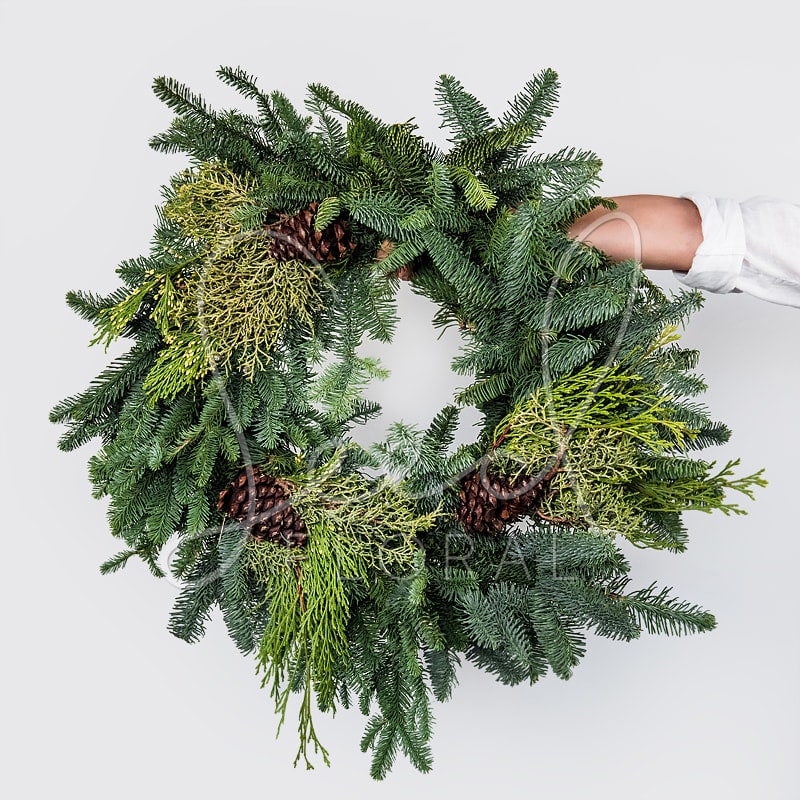Evergreen Wreath 18” - RSVP Received, won’t you come in? Featuring: Evergreen and Pine Cones 