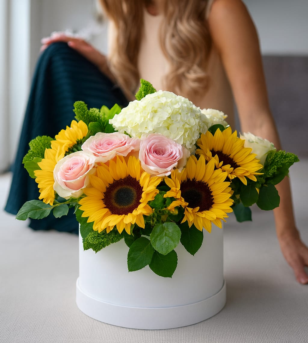 A little "Pick me up" - A Round box arrangement of hydrangeas, roses, and sunflowers. How can something so cute be so meaningful? Show them you care with this little pick me up!