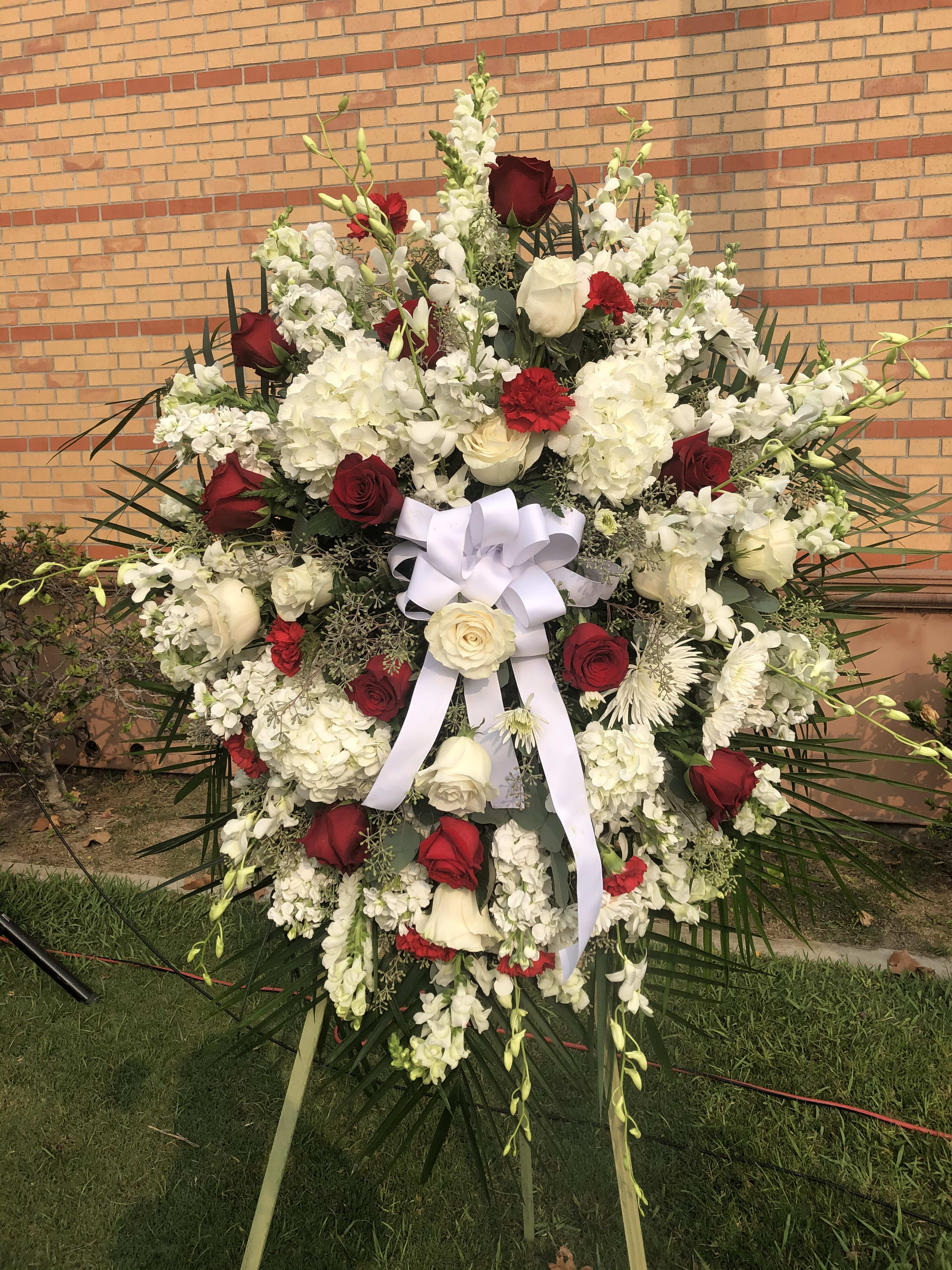 Red and white large standing spray  - Comes with an easels