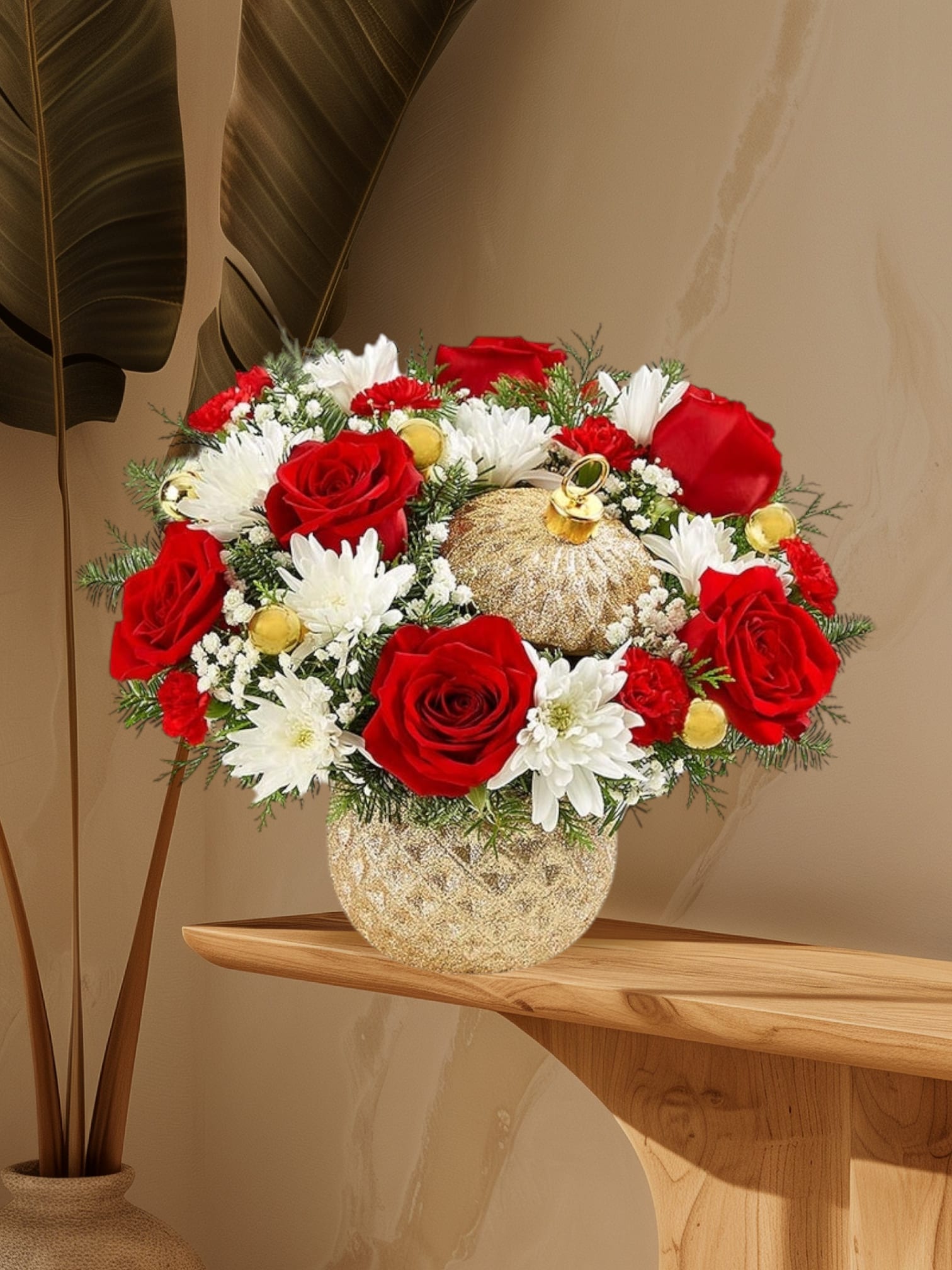 Gold ornament  - Brighten your holiday with this beautiful  gold ceramic ornament with red roses,red mini Carnations white cushion,mimillion stars and Christmas greens. 