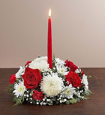  DECK THE HALLS CENTERPIECE - •Centerpiece arrangement with red roses, carnations and mini carnations; white and football mums; baby’s breath; assorted greenery