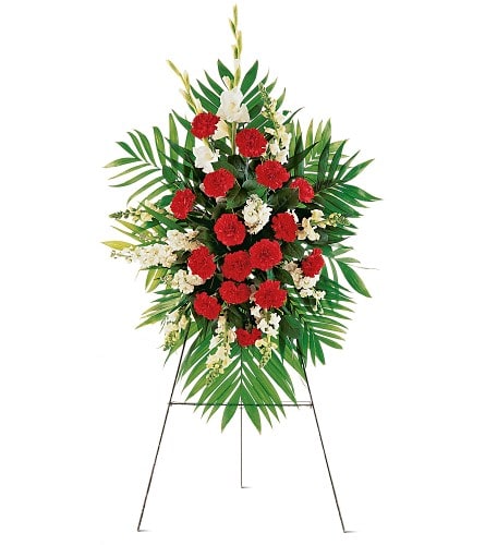 Cherished Moments Spray - TF207-7 - Show your loved ones just how much you cherish all the moments with this beautiful spray One spray on an easel arrives decorated with white gladioli snapdragons and stock accented with red carnations.Approximately 31&quot; W x 45&quot; H Orientation: One-Sided As Shown : TF207-7