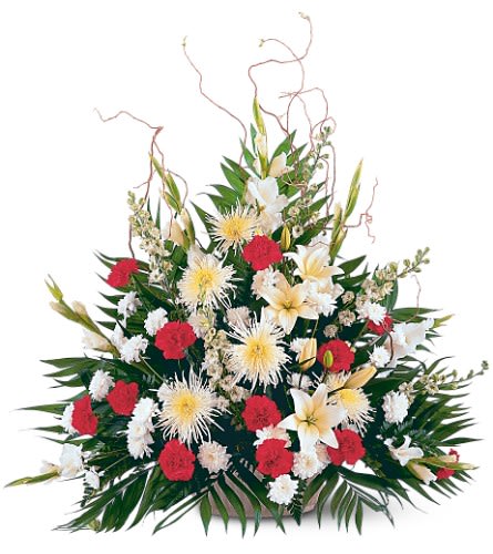 Glory and Grace Arrangement - TF214-1 - This glorious arrangement of red and white flowers will offer grace to friends and loved ones. One arrangement arrives decorated with white chrysanthemums gladioli larkspur and lilies accented with red carnations.Approximately 41&quot; W x 38&quot; H As Shown : TF214-1