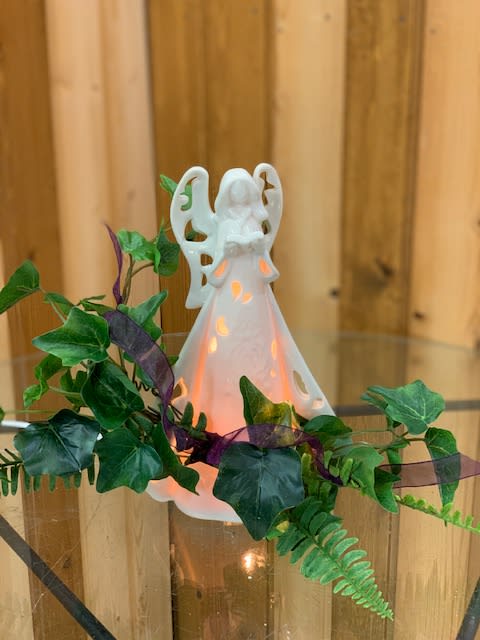 White Light Up Angel with Silk Swag - White Light Up Angel with Silk Swag designed at Haehn Florist in Wapakoneta. Angel is about 10&quot; tall. ***ANGEL MAY VARY