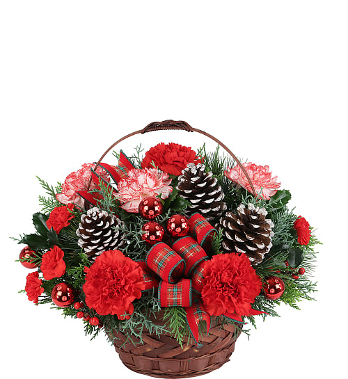 lovely Christmas Basket - Share the cheer and have a Holly Jolly Christmas by sending this lovely and original basket arrangement. Red carnations, white chrysanthemums, frosted pine cones, red balls, a pretty red bow, and Christmas greenery perfectly into a beautiful dark brown basket. A wonderful gift for anyone over the holidays!