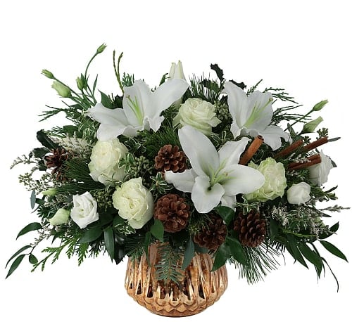 Royal Christmas  arrangement - Deck the halls with white and gold! This beautiful arrangement is the perfect piece for a holiday gift, snowy white flowers nestled in a bed of Christmas greenery and pinecones in a trendy gold vase.