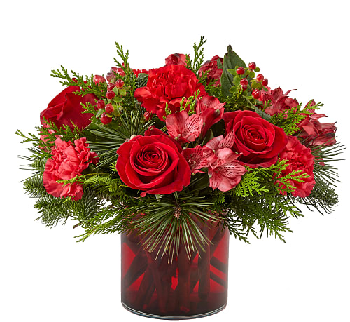 Merry Mistletoe Bouquet - The best of the season, all in one gorgeous bouquet. This arrangement includes the perfect assortment of radiant red blooms and accents of fragrant greens.
