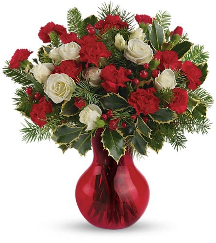 Teleflora's Gather Round Bouquet - Featuring a wondrous assortment of white spray roses and red miniature carnations this sweet arrangement is presented in our red Serendipity vase. White spray roses and red miniature carnations are accented with tips of douglas fir holly and red berry spray. Delivered in Teleflora's red Serendipity vase.Approximately 13 1/2&quot; W x 14 1/2&quot; H Orientation: One-Sided As Shown : TWR04-2ADeluxe : TWR04-2BPremium : TWR04-2C