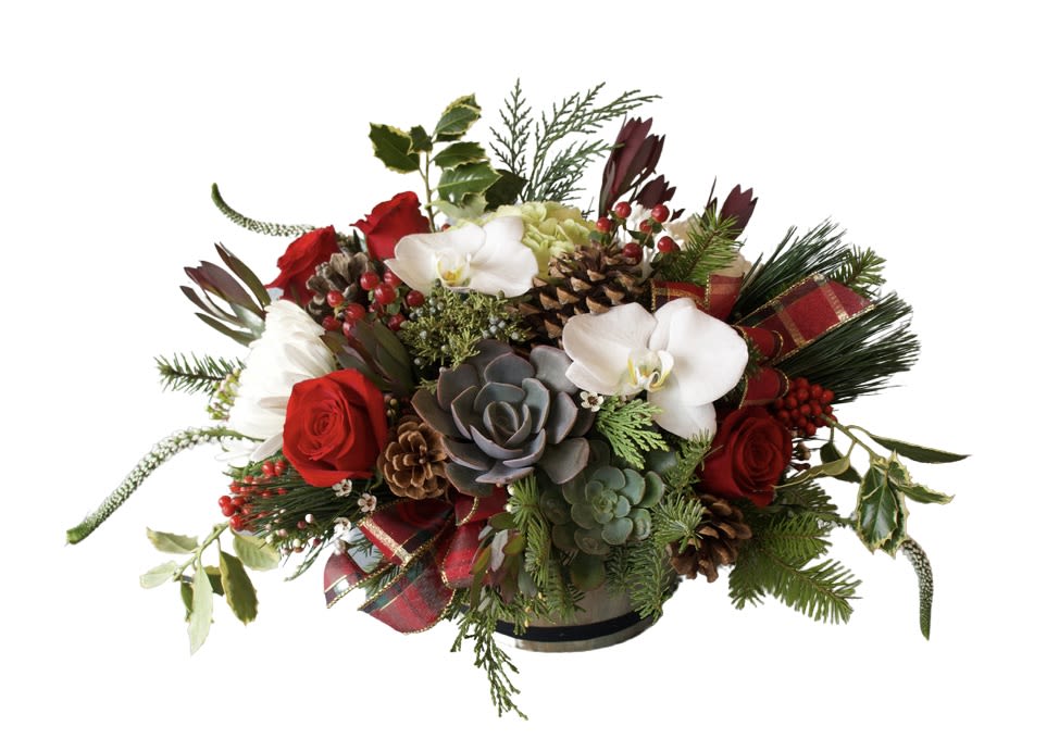 Barrel of Wishes - A gift that keeps on giving with this charming Christmas Barrel. Featuring two succulents, orchids, roses and seasonal greens.