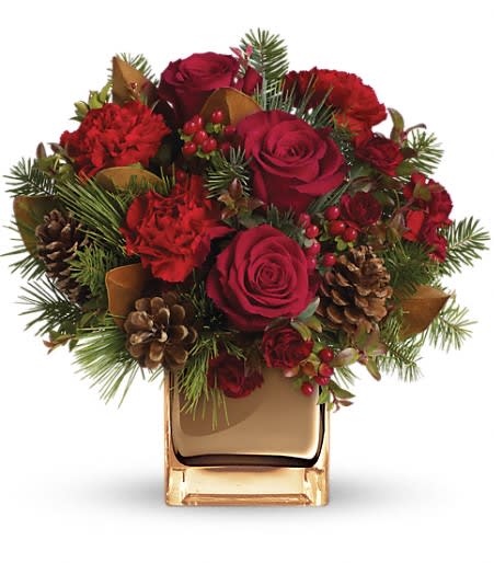 Warm Tidings Bouquet by Teleflora - Wish them warm tidings! Red roses and carnations are arranged in our warm bronze mirrored cube.
