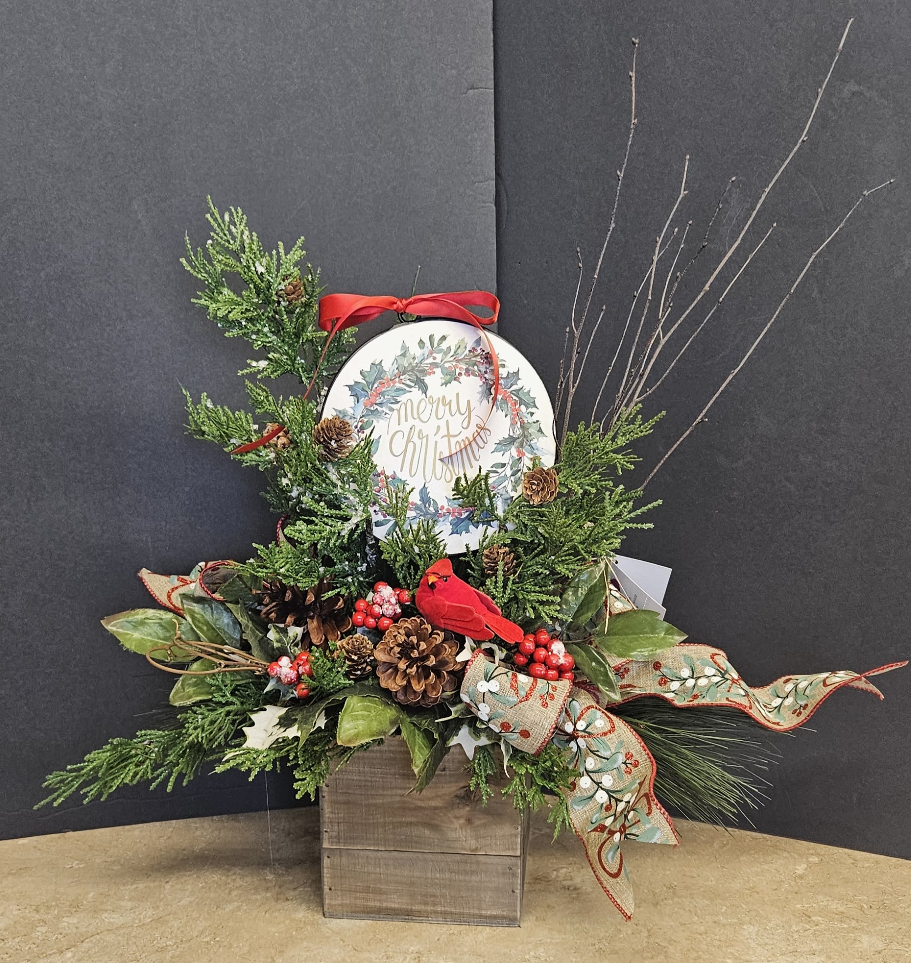 Merry Christmas Time - Beautiful Christmas bouquet in wood box with cardinal