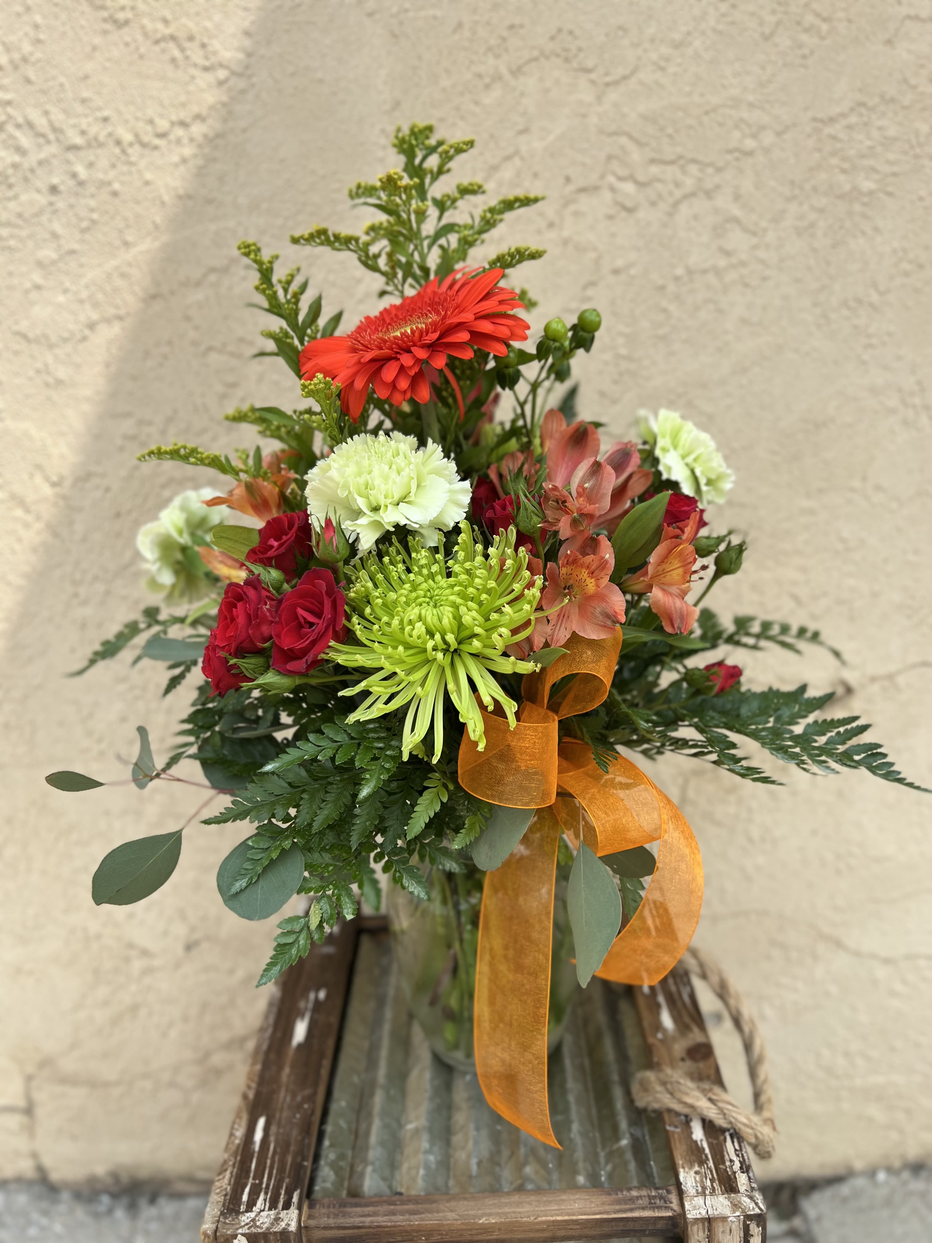 Friends &amp; Flowers - Bright mix of Spider Mum, Gerberas, Carnations, Alstromeria &amp; Seasonal Blooms.