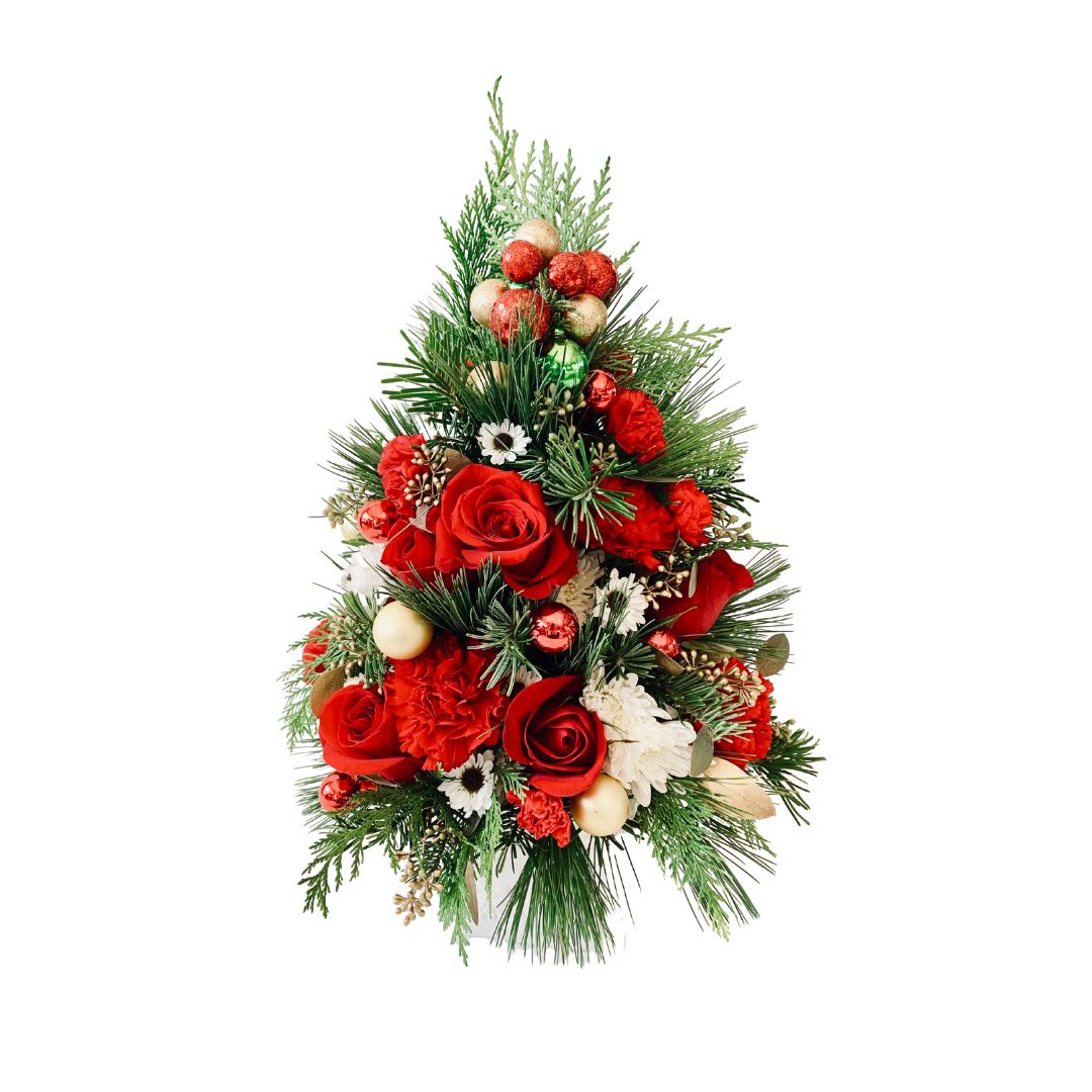 Festive Tree  - Evoking a festive Christmas tree, this stunning seasonal arrangement is presented in a charming, vintage-inspired metal keepsake cube for years of holiday décor delight! 4.5 x 4.5 inch container. Approximate measurements: arrangement height 15 inches and arrangement width 10 inches.
