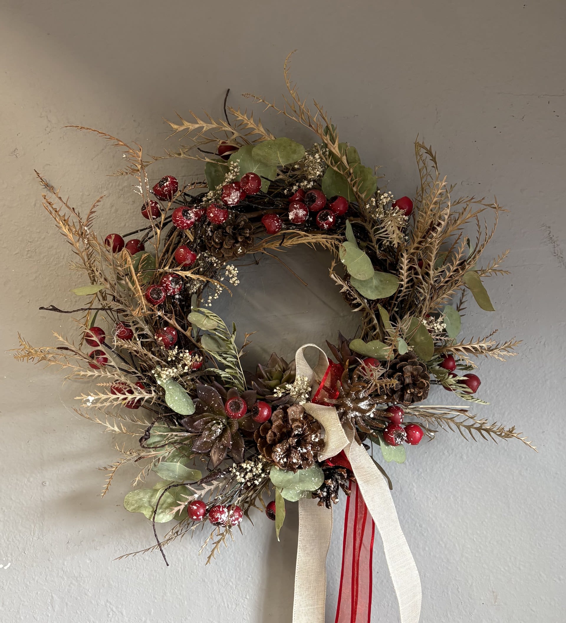 Mini Holiday Wreath (pine + berries) - A wonderful small holiday wreath, decorated with pine, silk berries and fake snow.
