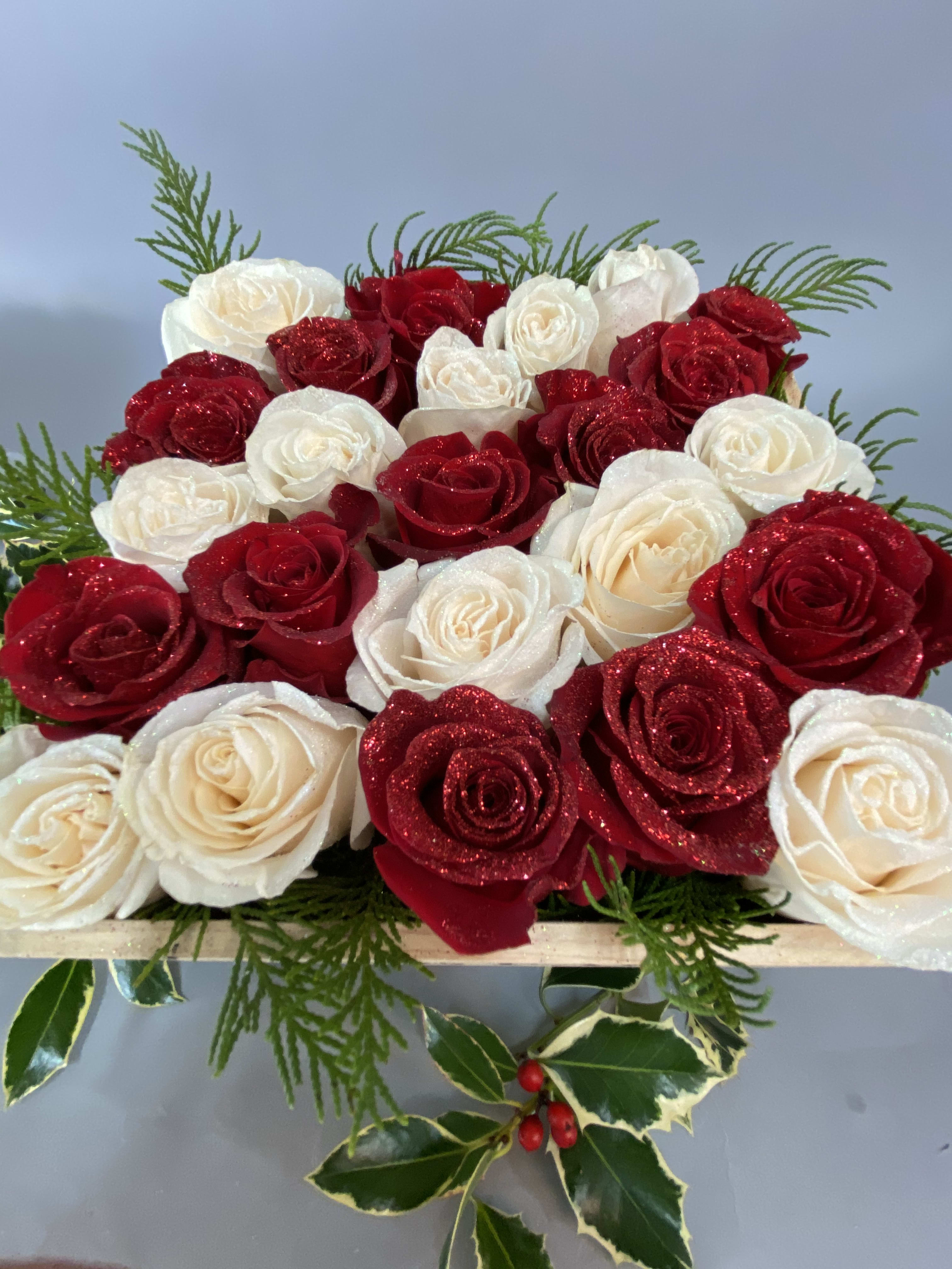 Rudolph Fresh Glitter Rose Box - This fresh rose box consists of 22+ fresh glitered red and white roses ! The perfect gift for anyone on your list!
