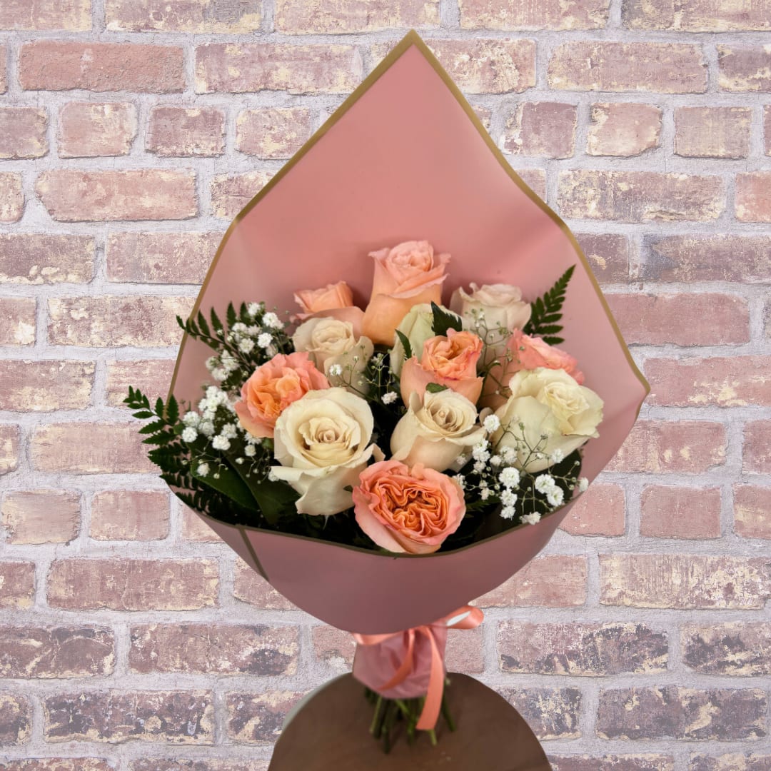 Peachy Dozen Roses - 12 roses with filler , handheld 