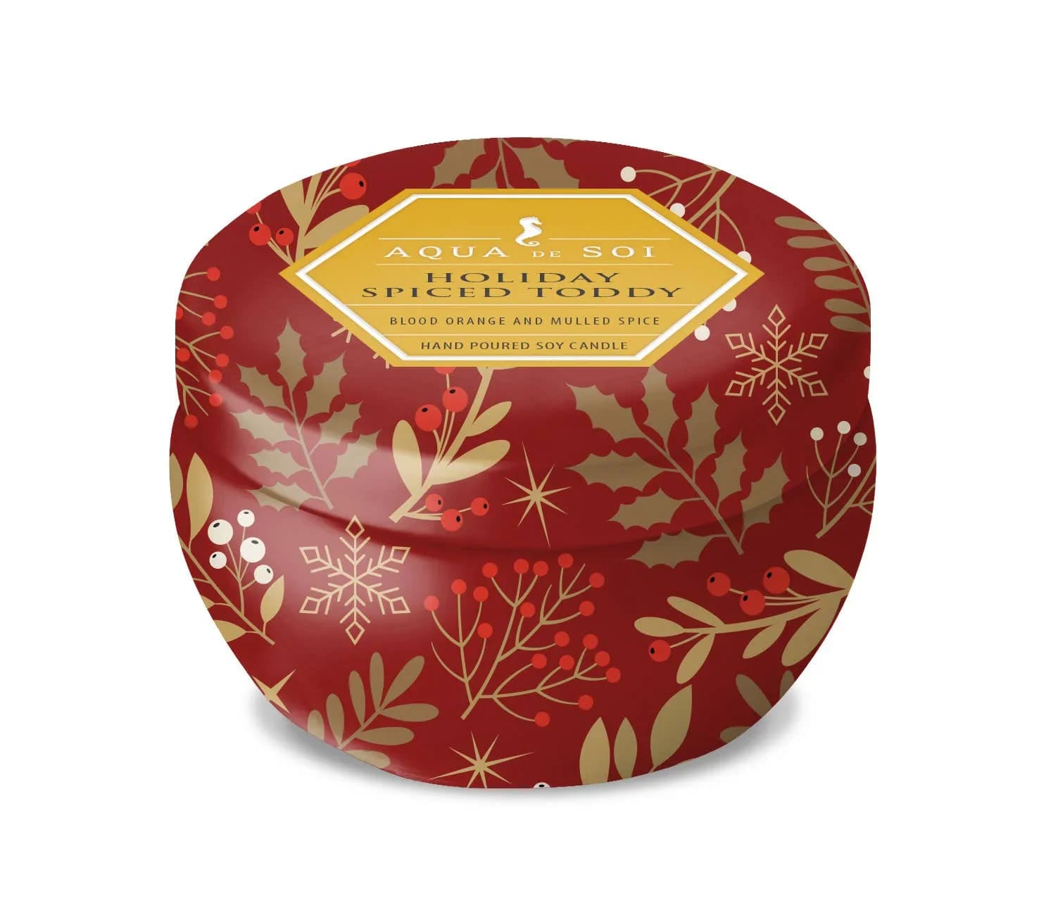 Holiday Spiced Toddy 9oz Aqua De SOi Tin - Cozy, zesty, and ready to pour. Holiday Spiced Toddy stirs bright blood orange cider into rich mulled spices for a scent that’s as welcoming as it is bold. Think: the first sip of something warm on a cold night — citrusy, spiced, and wrapped in comfort. It smells like togetherness, laughter, and lingering a little longer by the fire.  These candles are designed to be enjoyed for an Approx 25 Hours Burn when properly cared for. The combination of our high-quality raw materials, blend of soy and vegetable wax, and our pure cotton wicks ensure that our candles will perform for an extended period of time.