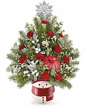 Snowman Surprise Tree - Surprise someone special with a charming Christmas bouquet delivered in a festive Frosty Wishes Jar. This delightful ceramic piece can be repurposed as a treat jar afterward!