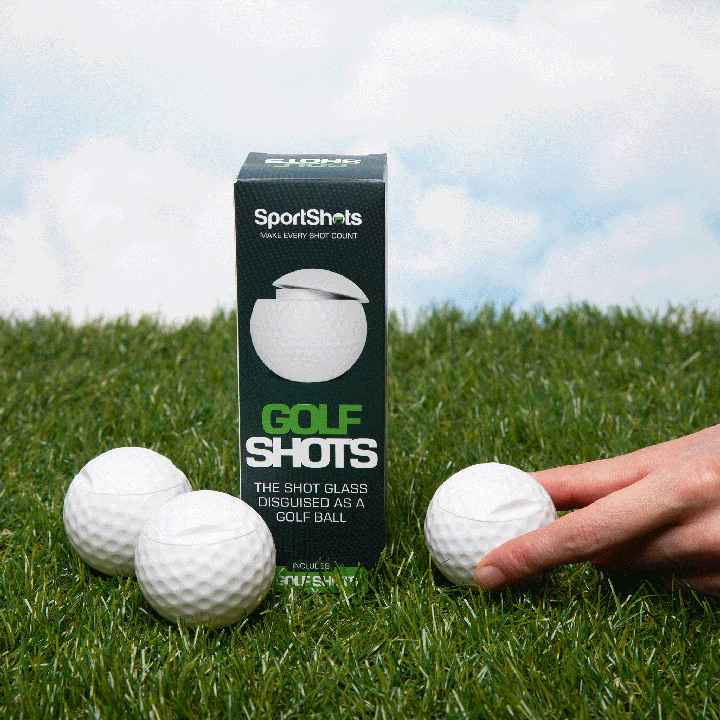 GOLF SHOTS GOLF BALL 3-PACK - These shot glasses are the perfect gift for any golfer.   * Each sleeve includes 3 golf ball-shaped shot glasses made from safe to drink from plastic.   * Each ball holds 1.5oz with a sealable screw on cap.   * Fun way to liven up golf outings, Bachelor and Bachelorette Parties, and home bars.   * The PERFECT Holiday Gift - Great for Stocking Stuffers, White Elephant Gifts, and more! 