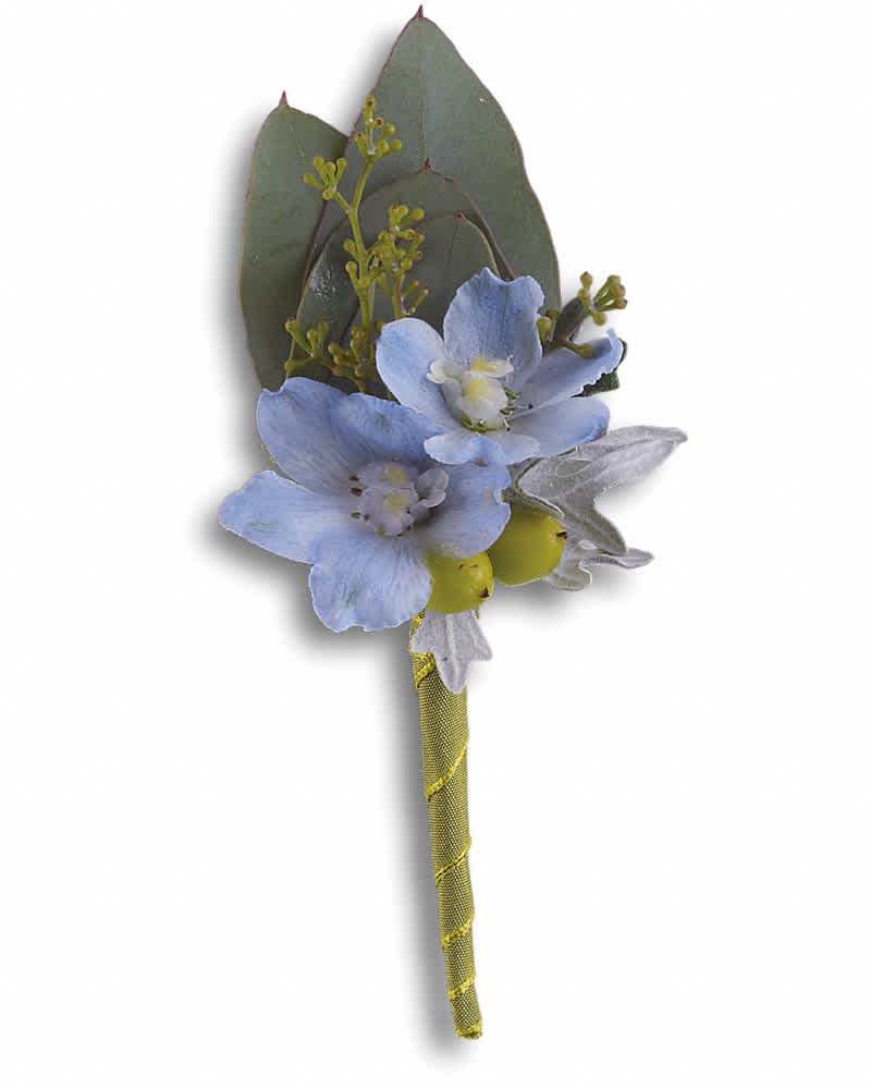 Hero's Blue Boutonniere - Light blue delphinium echoes the blue skies ahead. Light blue delphinium, green hypericum, dusty miller and seeded eucalyptus in a green taffeta ribbon.