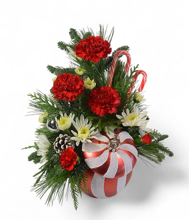 Peppermint Swirl - Fun red and white flowers with fresh winter pine and peppermint candy canes too !