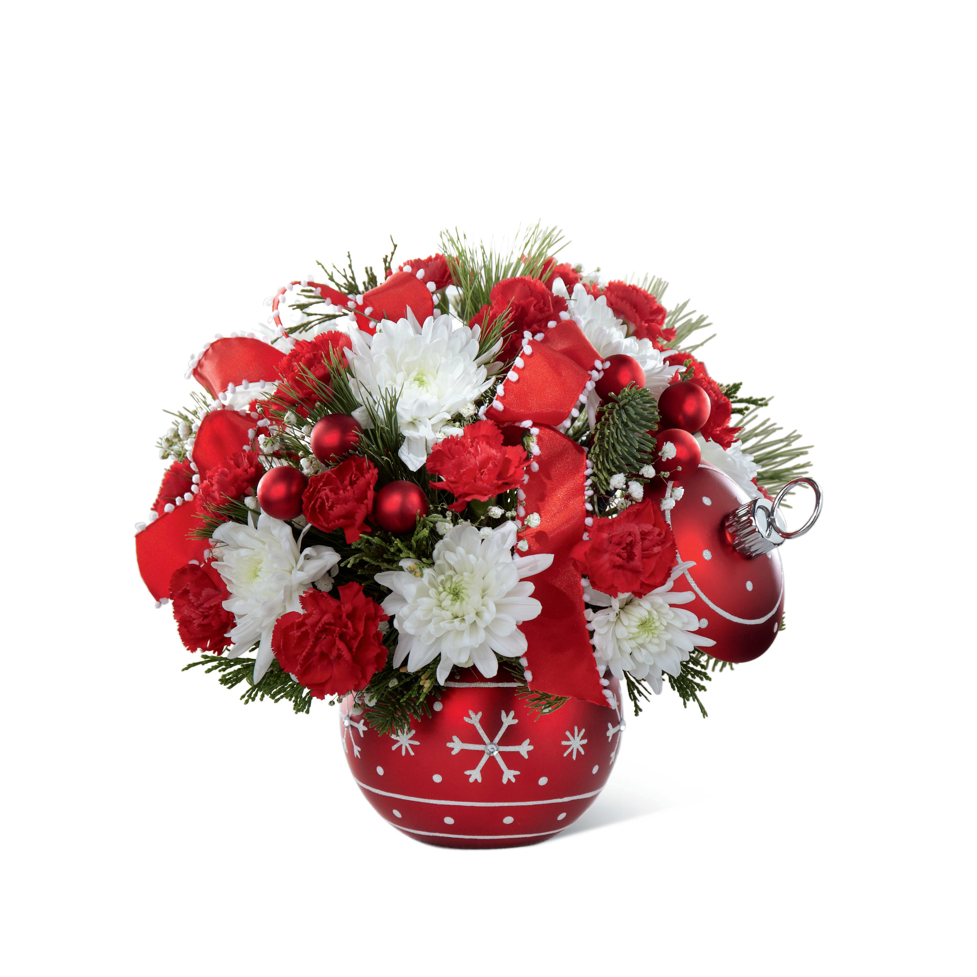 Deck the halls (RED BALL IS NOW SOLD OUT) We do have silver and gold left. - Frilly, fun and infinitely festive, this delightful bouquet makes a terrific way to spread the cheer and whimsy of the holiday season. A ceramic ornament style vase (comes with lid) makes the perfect setting for this exuberance of red roses (in Deluxe, Premium and Exquisite versions only) and carnations, white cushion pompons and million star gypsophilia accented with glass balls, Christmas greens and fancy holiday ribbon. Such a joyful way to say, “Let the holiday joy begin!” Only gold glass ball at this time Red is sold out.