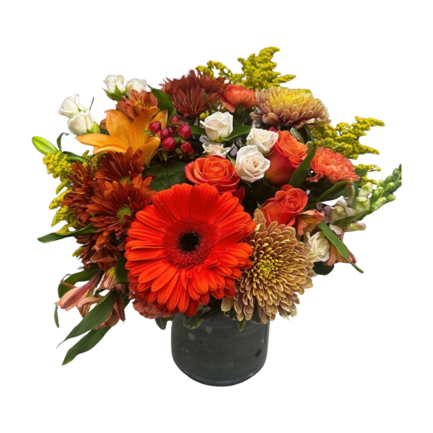 Autumn Heat - A warm, fiery mix of gerberas, roses, mums, lilies, and golden accents. Bold colors, cozy vibes, and full fall energy , perfect for gifting or decorating your space.