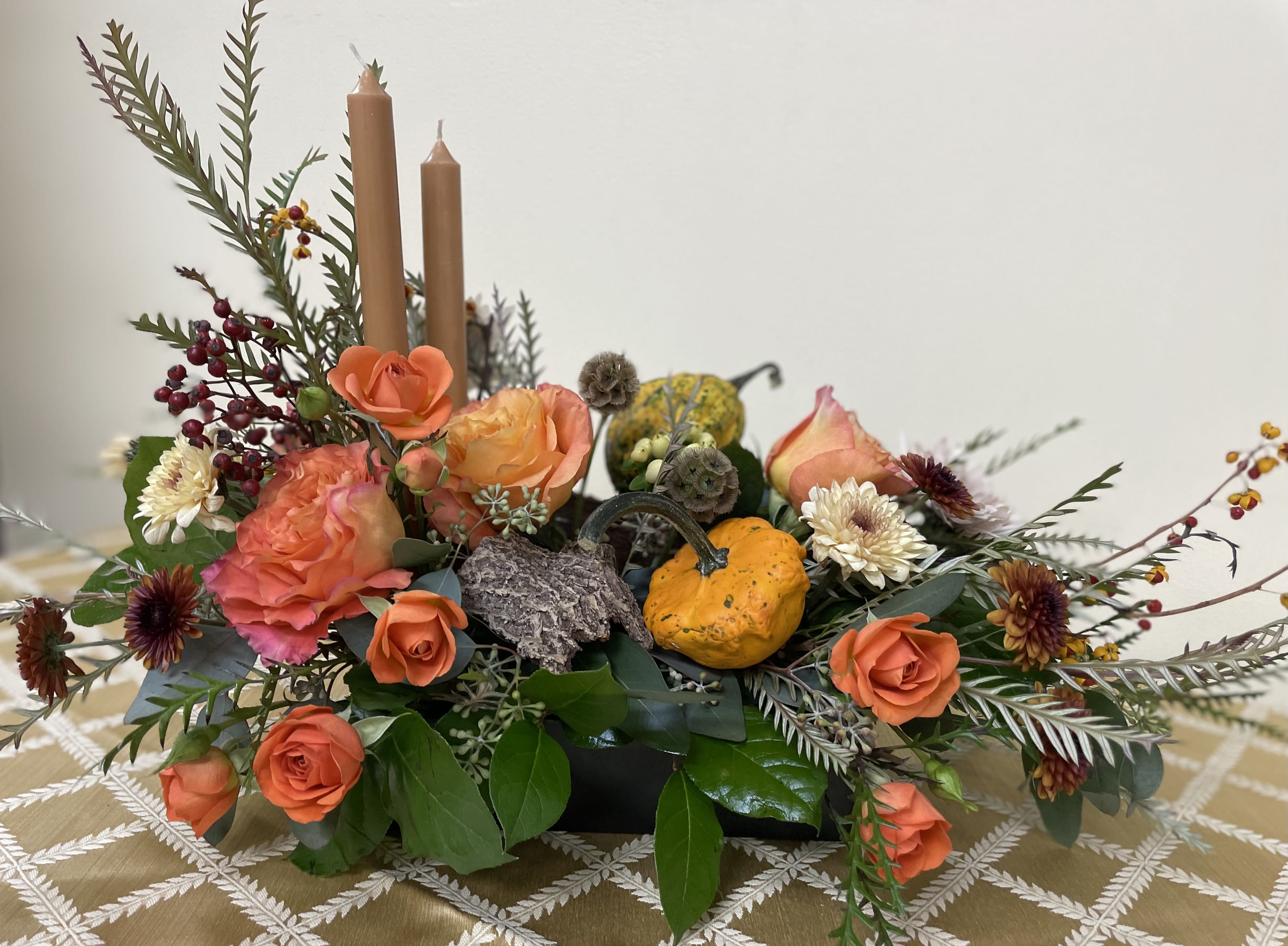 Thanksgiving Centerpiece, Large - A beautiful custom Thanksgiving centerpiece with addition of the classic mini pumpkins and natural textural elements, adorn your table.