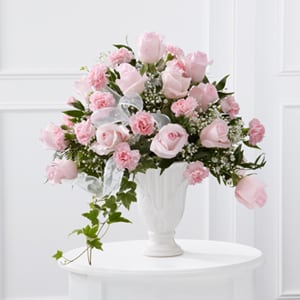 The Deepest Sympathy Arrangement - Our Deepest Sympathy Arrangement is a wondrous presentation of grace and elegance to honor the life of the deceased. Pale pink roses and pink carnations are offset by baby's breath variegated ivy lush greens and a white sheer ribbon gorgeously arranged in a designer white ceramic pedestal vase to create a lovely way to express your warmest sentiments offering comfort and peace with each blushing bloom.