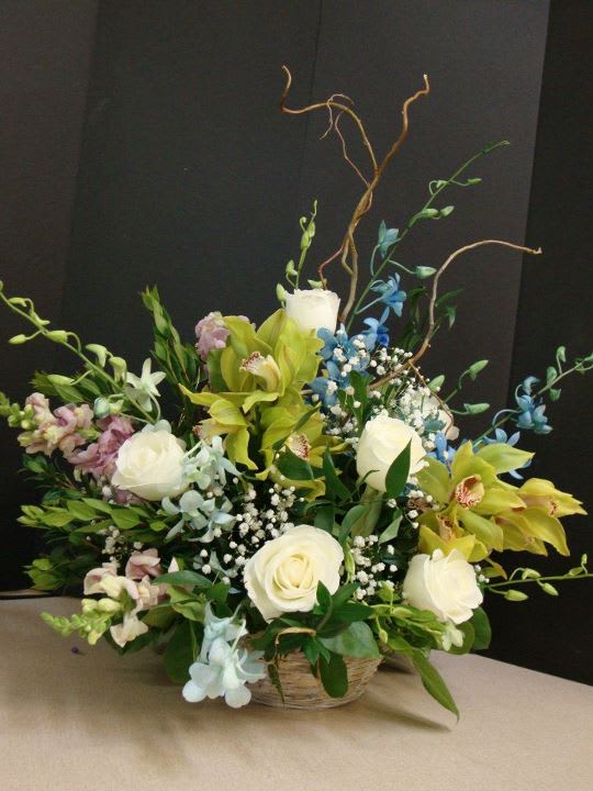 Bamboo Orchid Plate - Sitting on a bed of myrtle, lemon leaf, variegated pitt and tai leaves, this bamboo plate contains gorgeous creamy roses, bright fresh green cymbidium buds and blue and blush dendrobium buds, interwoven vines of curly willow top it off uniquely and beautifully...