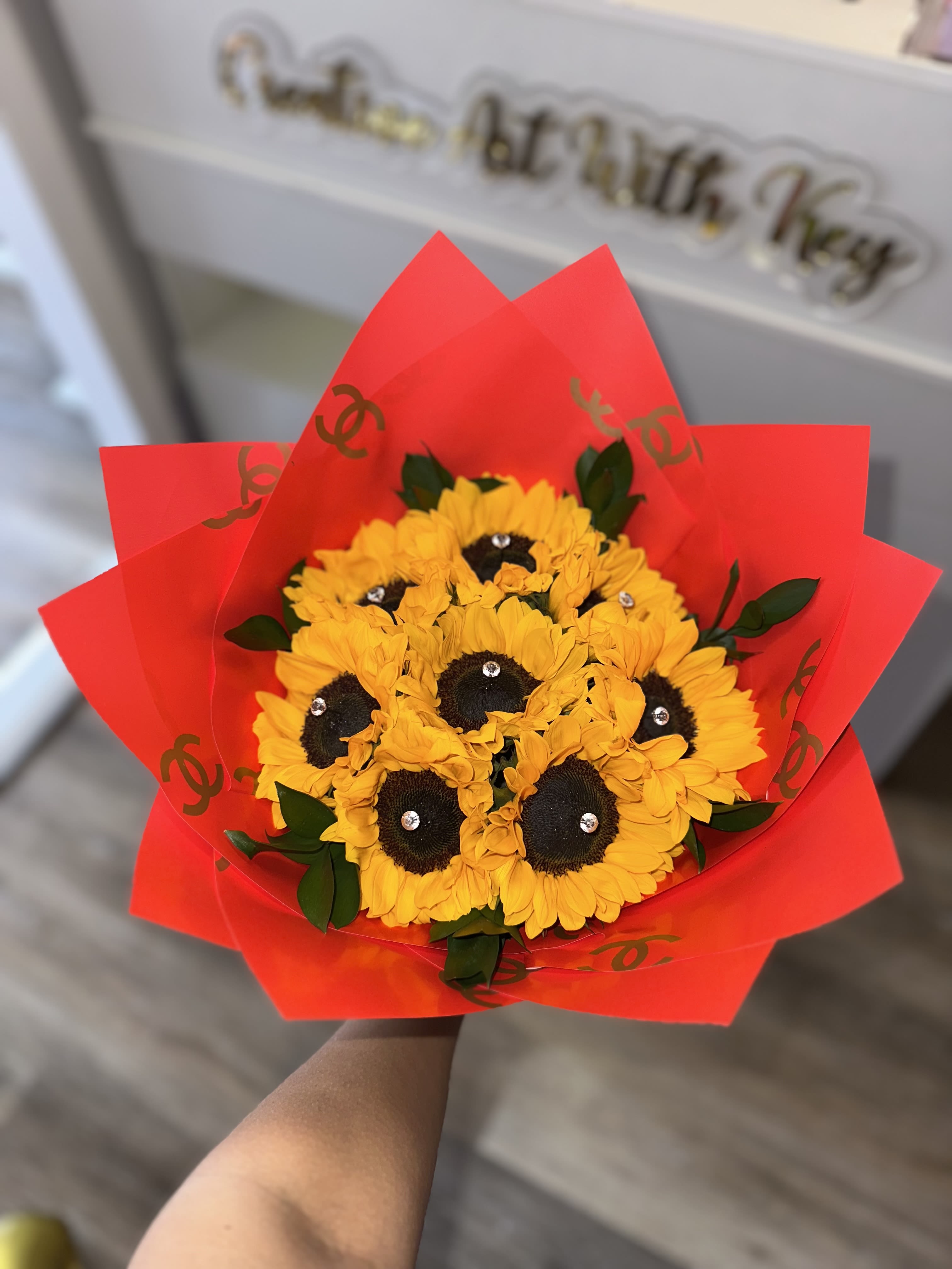sunflower  #2 - BEAUTIFUL BOUQUET OF SUNFLOWER EACH ONE WITH ITS FANTACY DIAMOND, WRAPPED IN RED PAPER, BOW