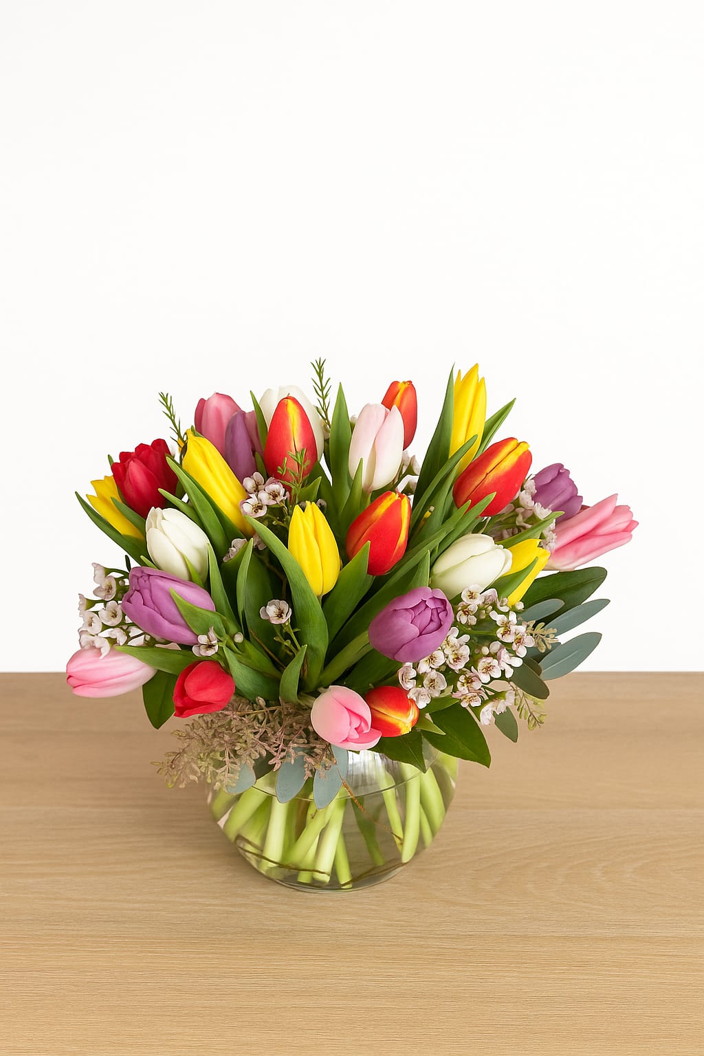Radiant Tulips - Bursting with color and joy, Radiant Tulips features a stunning mix of fresh tulips in mixed colors. Arranged in a clear glass vase with soft greenery and waxflower accents, this bouquet brings a touch of springtime charm to any space. Perfect for birthdays, celebrations, or simply brightening someone’s day. Shown in premium