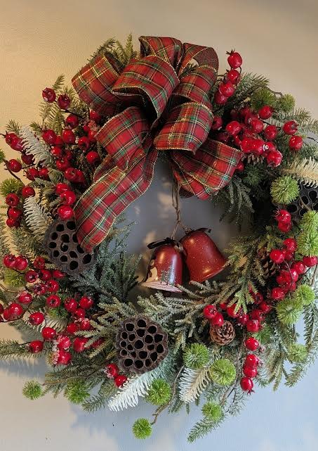Antique Snowman Bell Wreath (Artificial) - Vintage Bells with Snowman, red berries with asst greens and pods with plaid bow