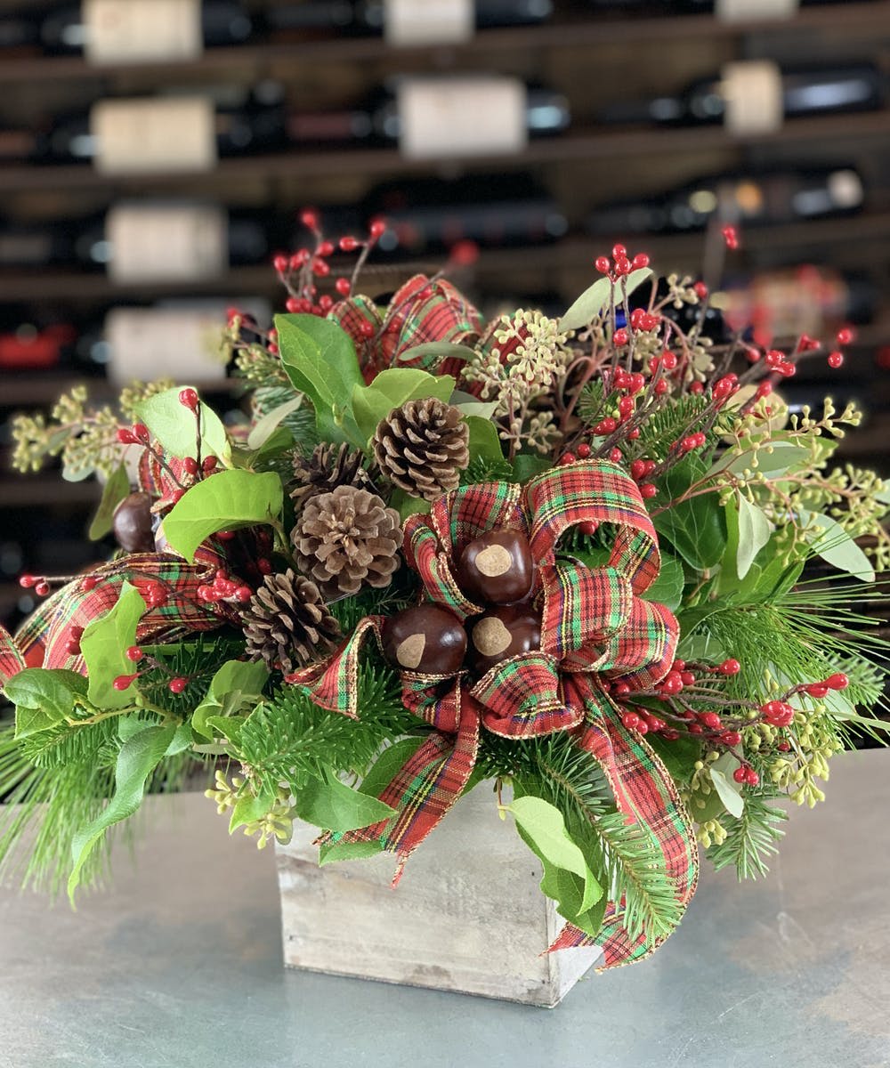 Farmhouse Christmas  - lush greens pinecones red berries  in a wooden box