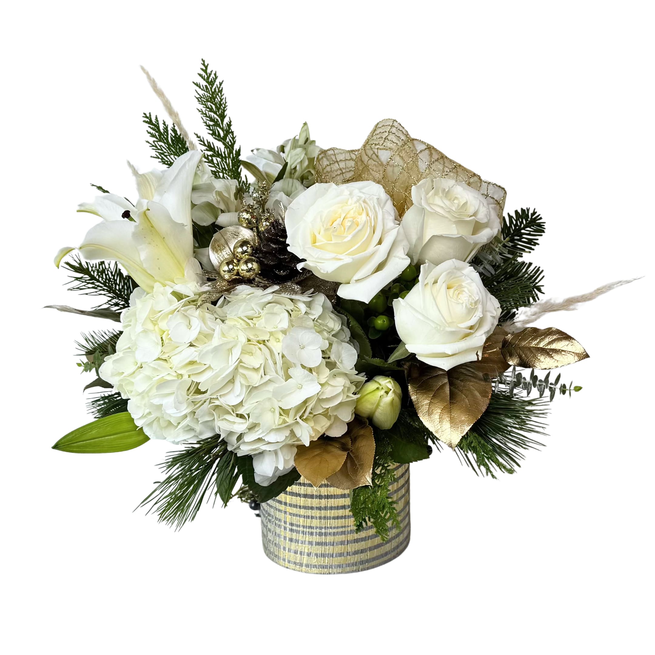 Classic Shimmer - A classic arrangement with hydrangea, roses, lillies and holiday greens with touches of gold.