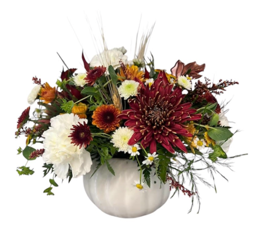 White Pumpkin Florals  - Receive a white ceramic pumpkin filled with gorgeous seasonal flowers .Afterwards , the pumpkin can be used for sweet treats or cookies! It's a perfect gift for the upcoming Season! 