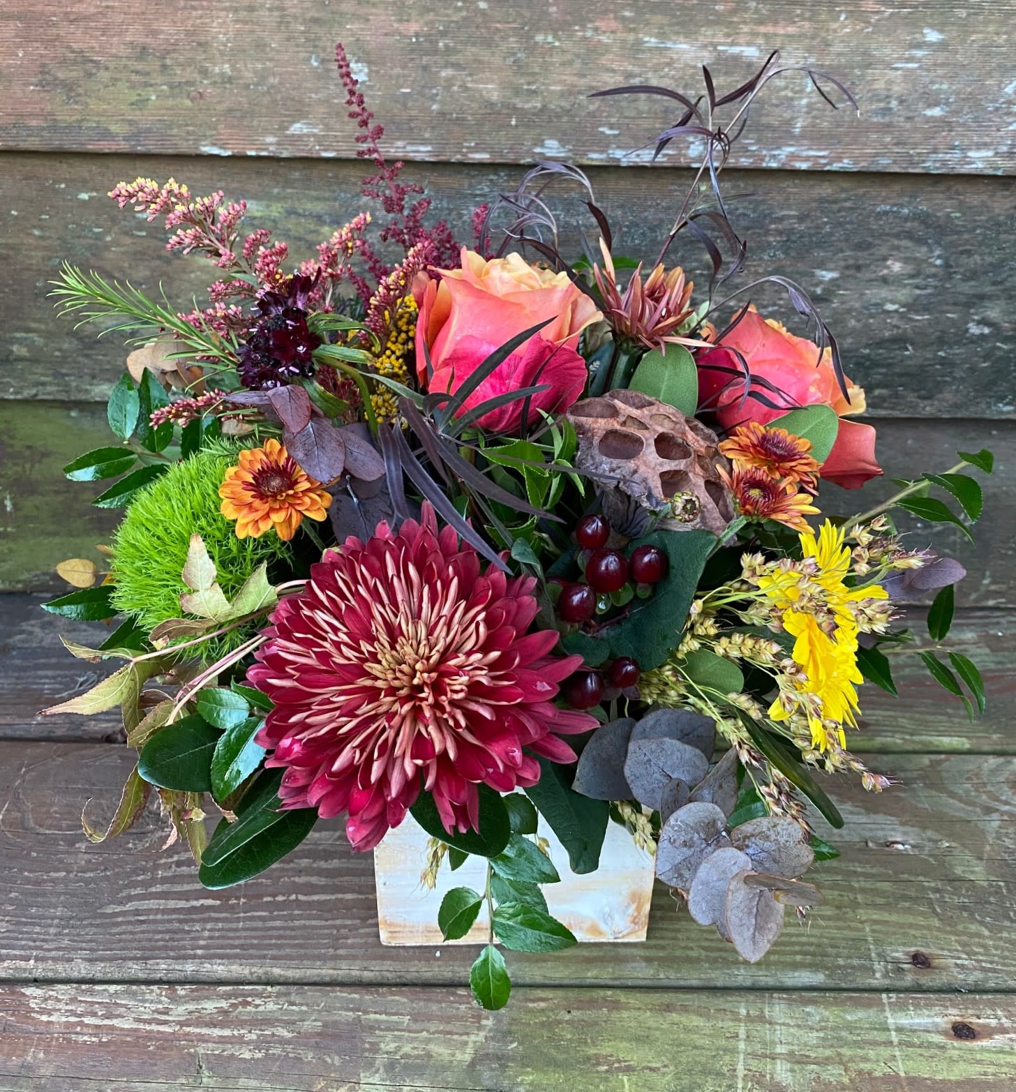 Designer's Choice Box Thanksgiving Centerpiece  - This is a designer's choice centerpiece meaning we will create a tasteful, fall assortment different than what's shown but with a similar look &amp; feel. 3 sizes available. Premium is shown