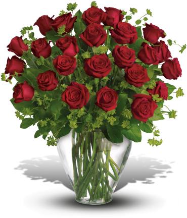 My Perfect Love - Long Stemmed Red Roses - Indulge your perfect love with this extravagant bouquet. Two dozen red roses express your love in a way words never could.  Two dozen red roses are accented with fresh green bupleurum and salal. 
